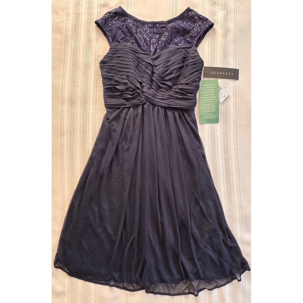 Navy Blue Lace Sequin Pleated Cocktail Dress Size 4 NWT